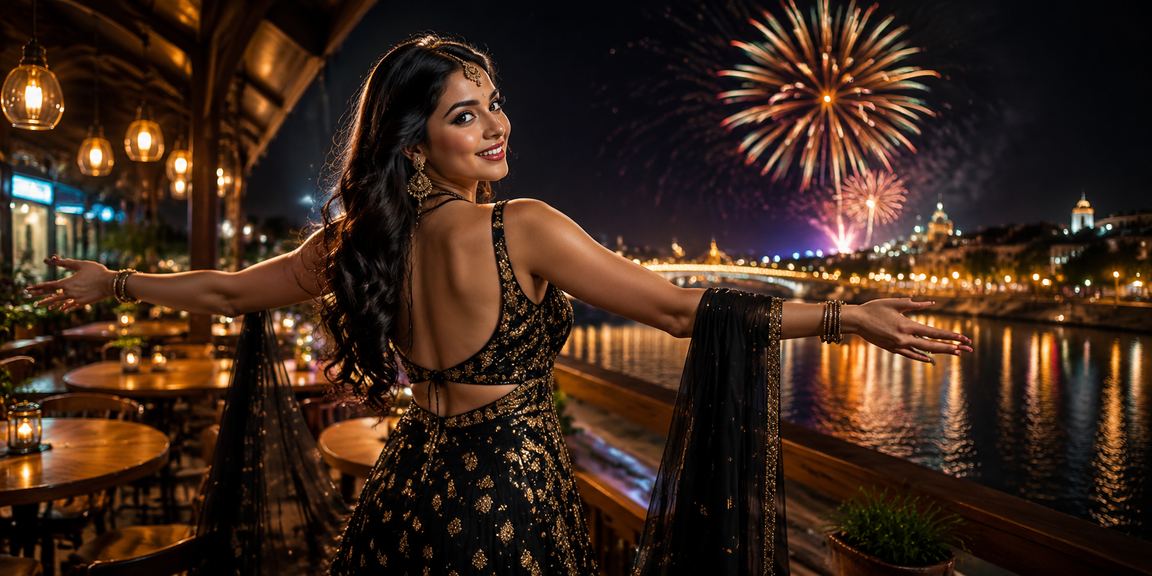 Young Indian woman enjoying mobile betting by Ahmedabad riverfront